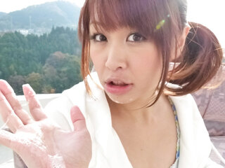 Maika gives asian blowjobs to two guys outdoors